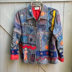 Vintage Chico’s Embellished Denim Jacket with Multicolor Patchwork